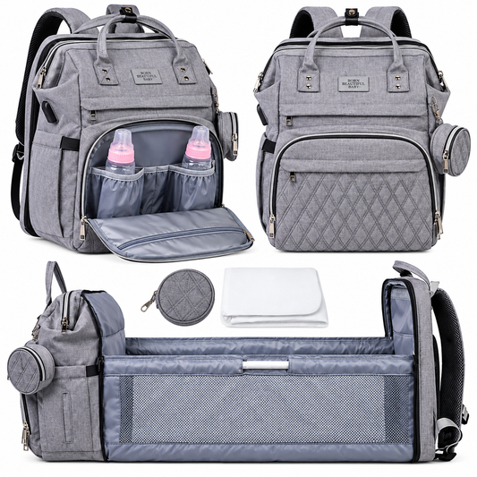 Grey Diaper Bag Backpack, Large Baby Travel Bag with Insulated Bottle Pockets
