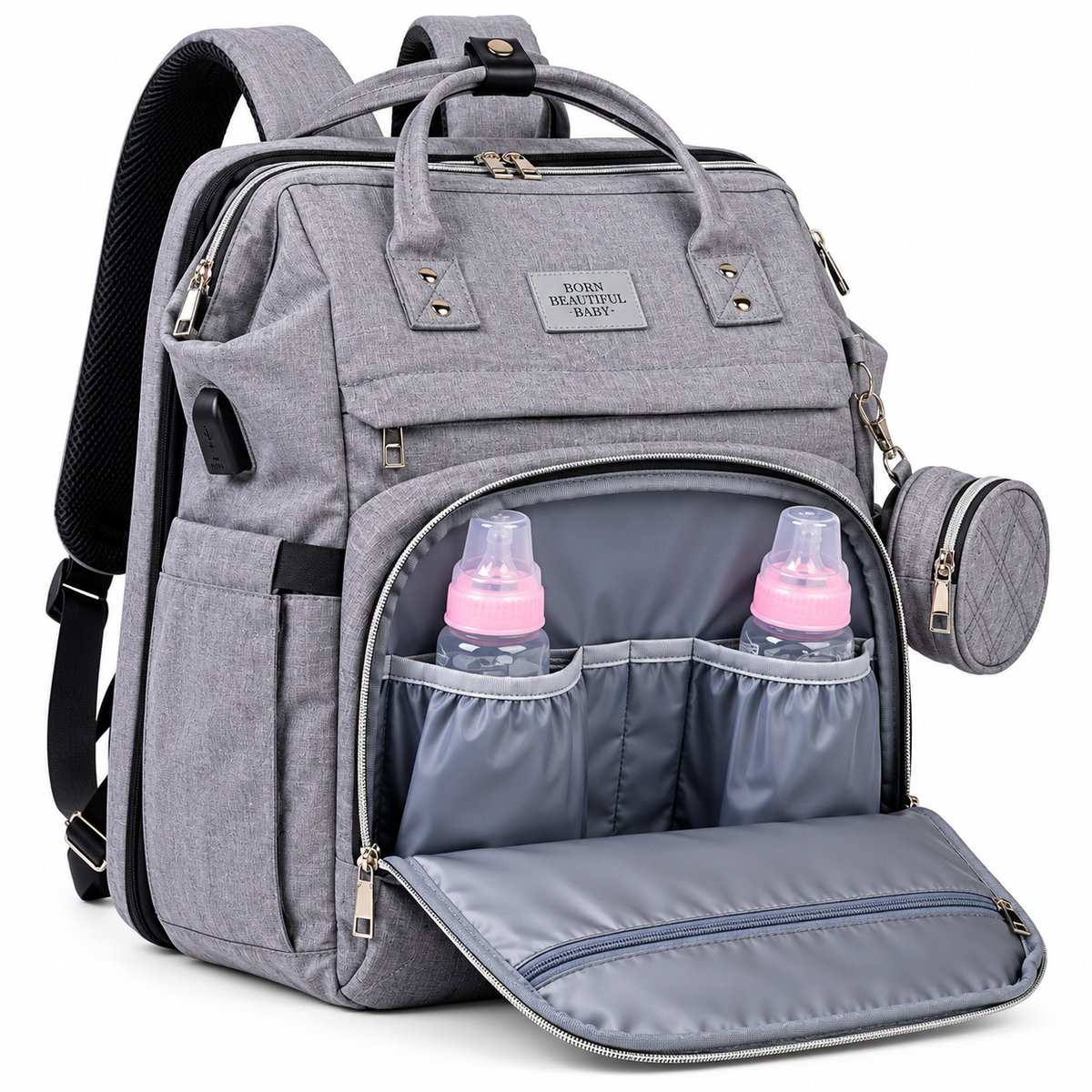 Grey Diaper Bag Backpack, Large Baby Travel Bag with Insulated Bottle Pockets