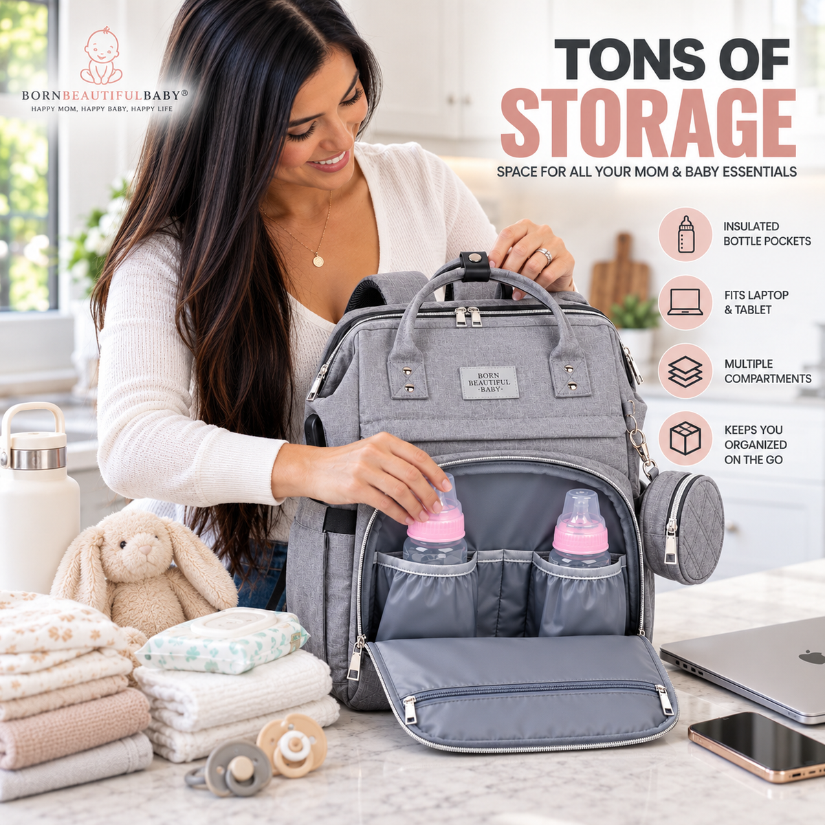 Grey Diaper Bag Backpack, Large Baby Travel Bag with Insulated Bottle Pockets