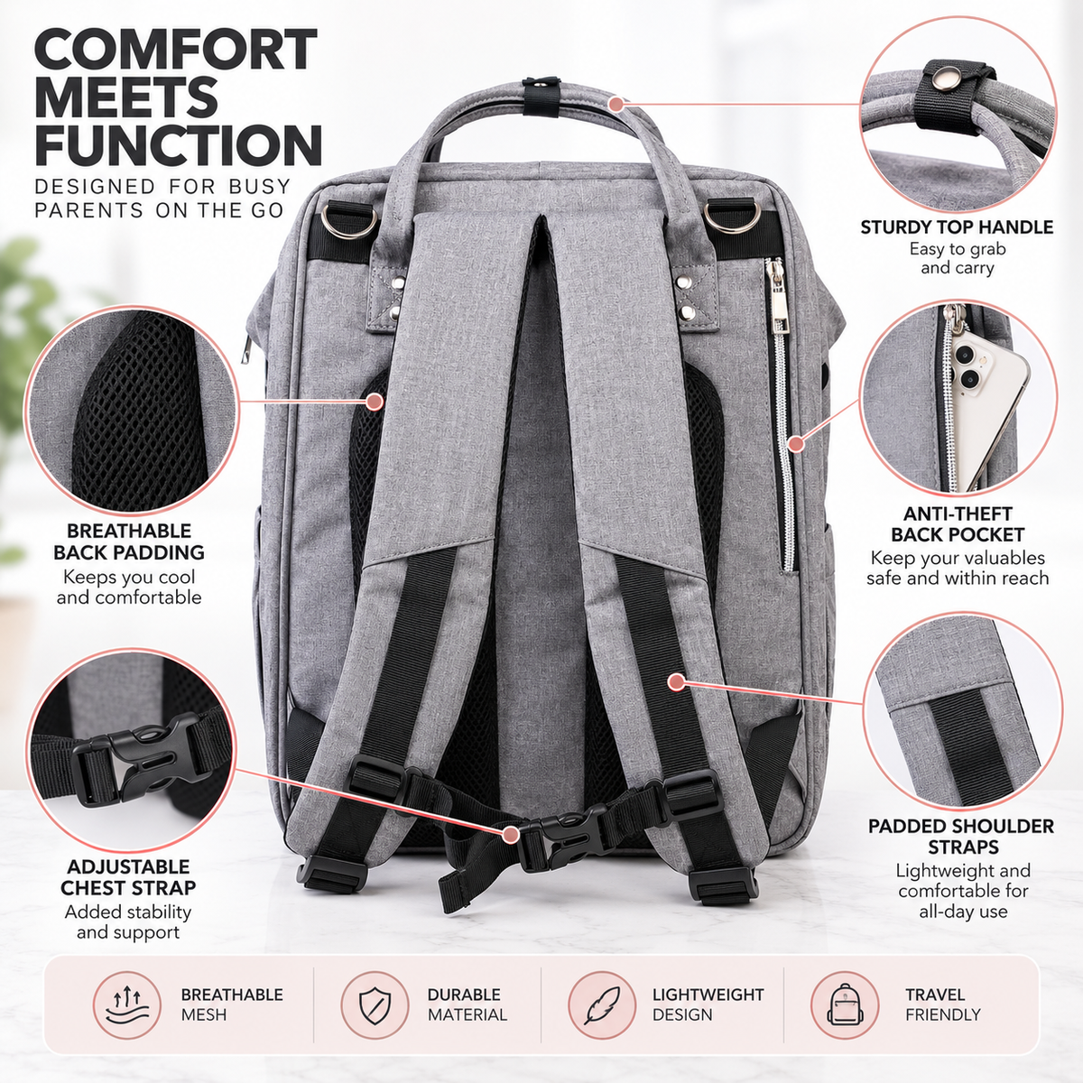 Grey Diaper Bag Backpack, Large Baby Travel Bag with Insulated Bottle Pockets