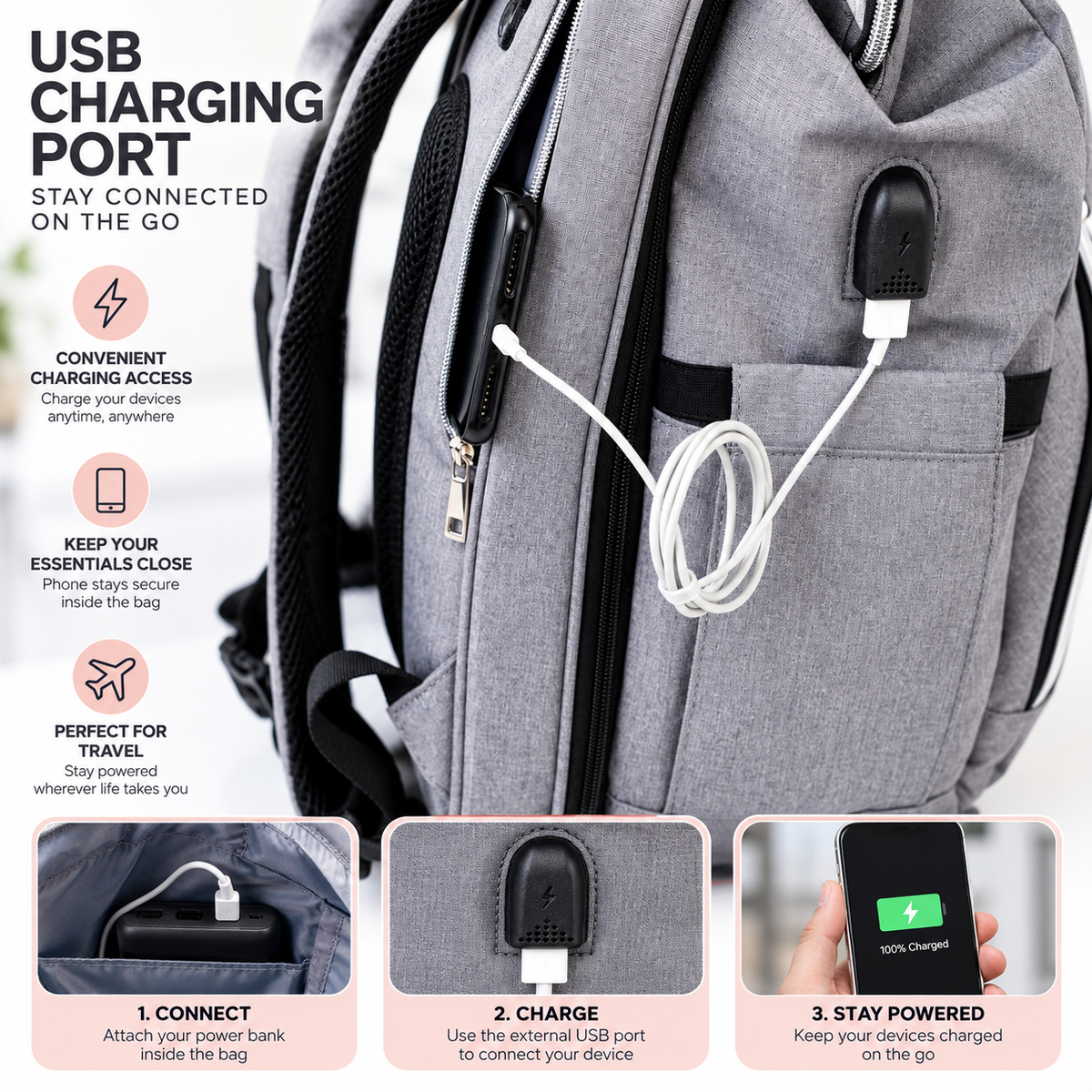 Grey Diaper Bag Backpack, Large Baby Travel Bag with Insulated Bottle Pockets