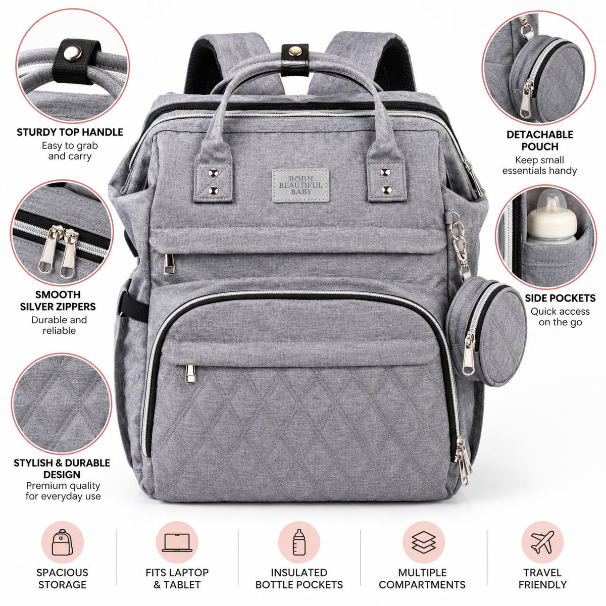 Grey Diaper Bag Backpack, Large Baby Travel Bag with Insulated Bottle Pockets
