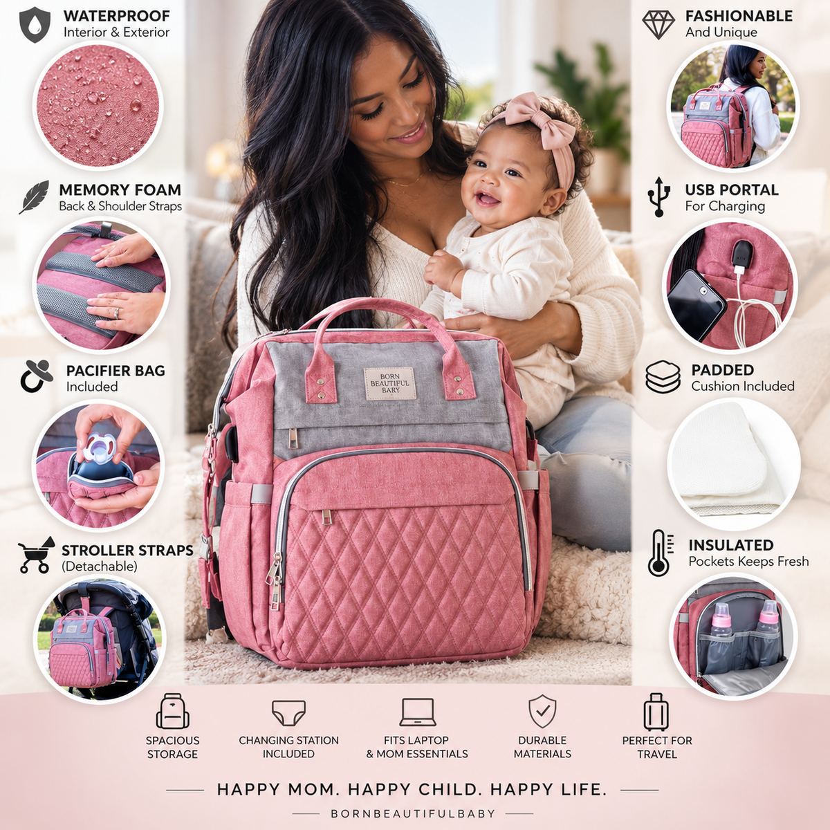 Pink Diaper Bag Backpack, Large Travel Baby Organizer with Insulated Bottle Pockets