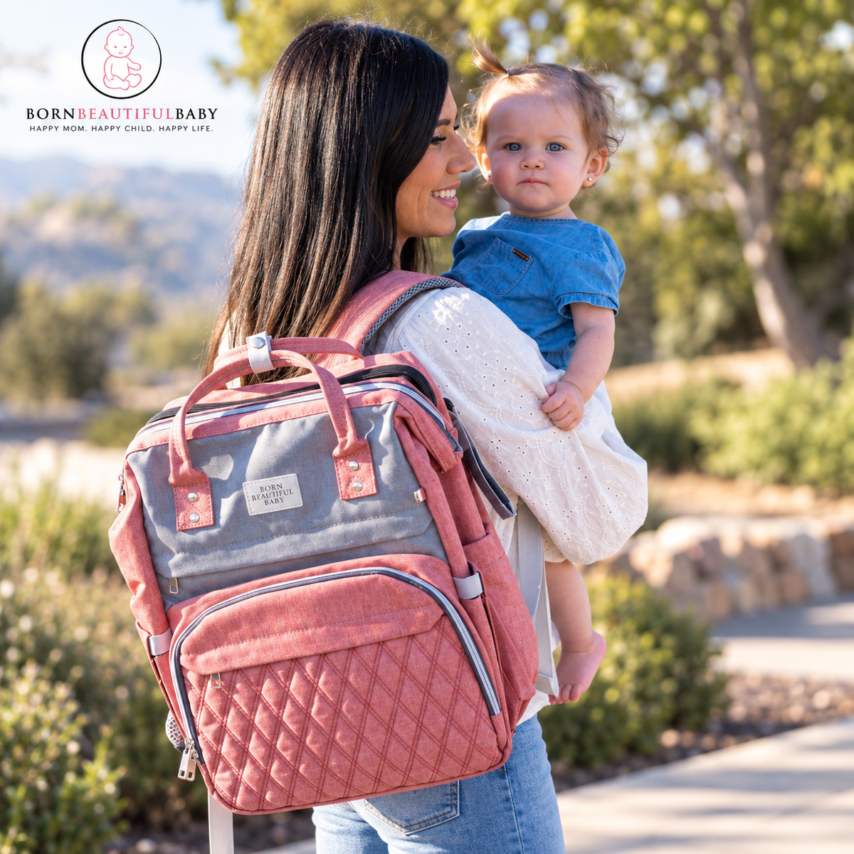 Pink Diaper Bag Backpack, Large Travel Baby Organizer with Insulated Bottle Pockets