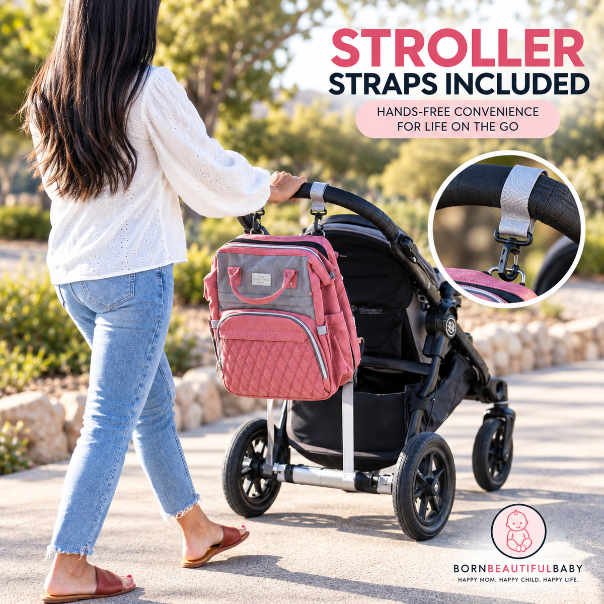 Pink Diaper Bag Backpack, Large Travel Baby Organizer with Insulated Bottle Pockets