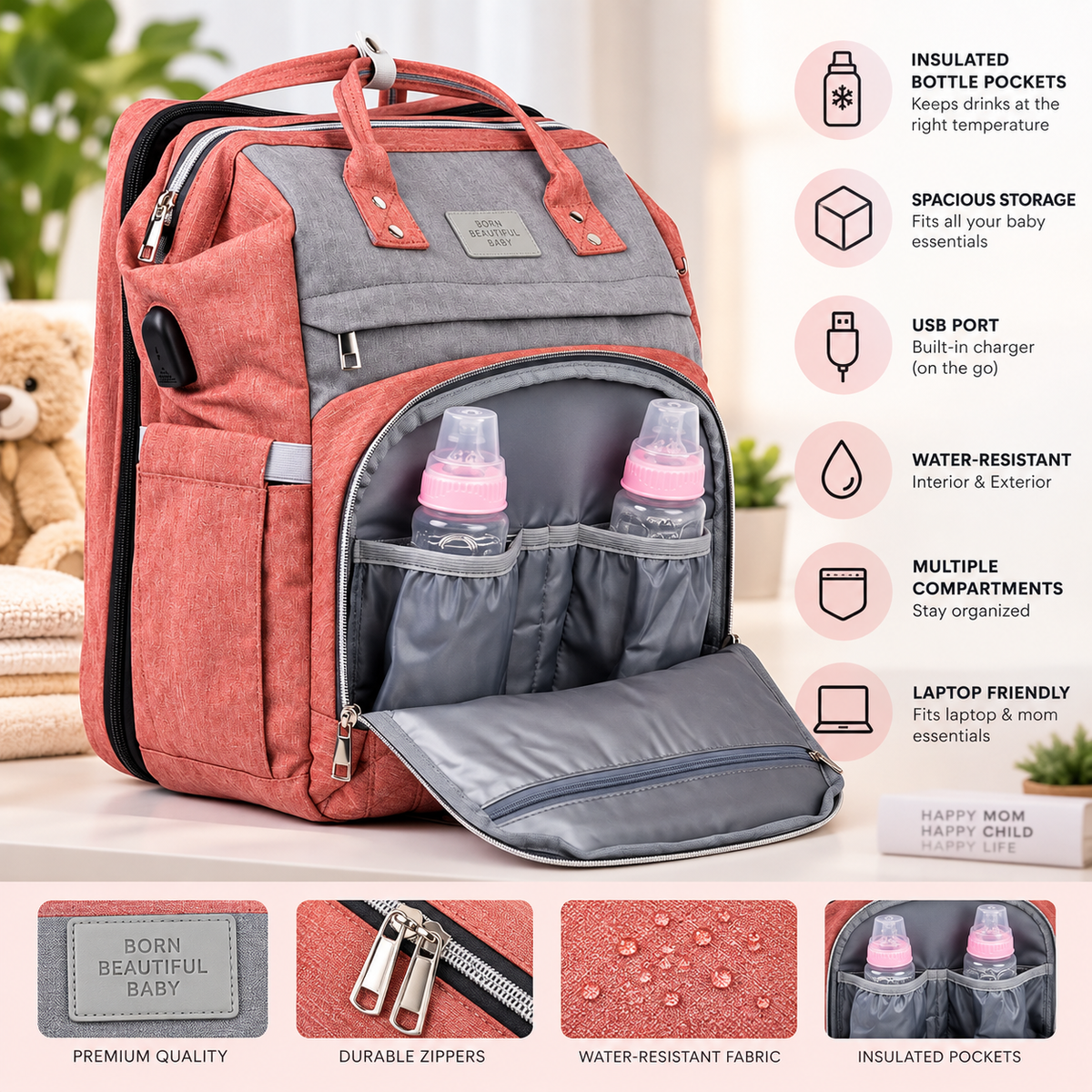 Pink Diaper Bag Backpack, Large Travel Baby Organizer with Insulated Bottle Pockets