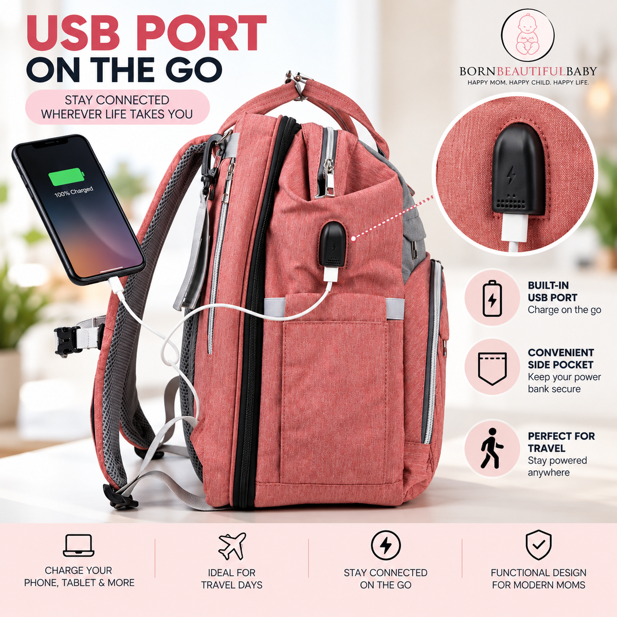 Pink Diaper Bag Backpack, Large Travel Baby Organizer with Insulated Bottle Pockets