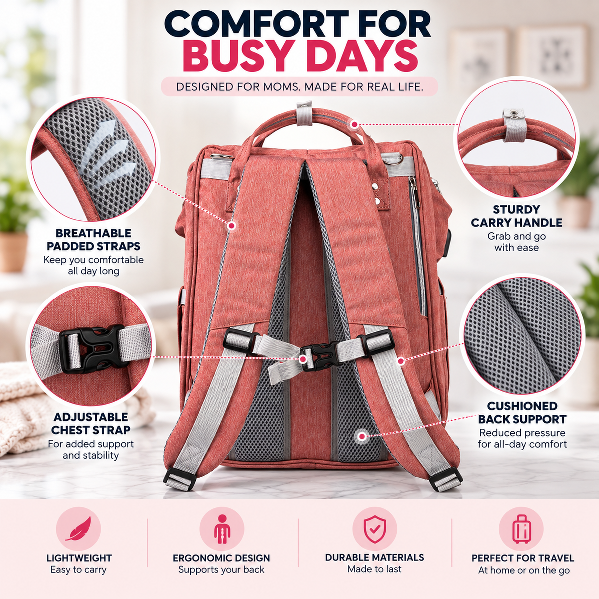 Pink Diaper Bag Backpack, Large Travel Baby Organizer with Insulated Bottle Pockets