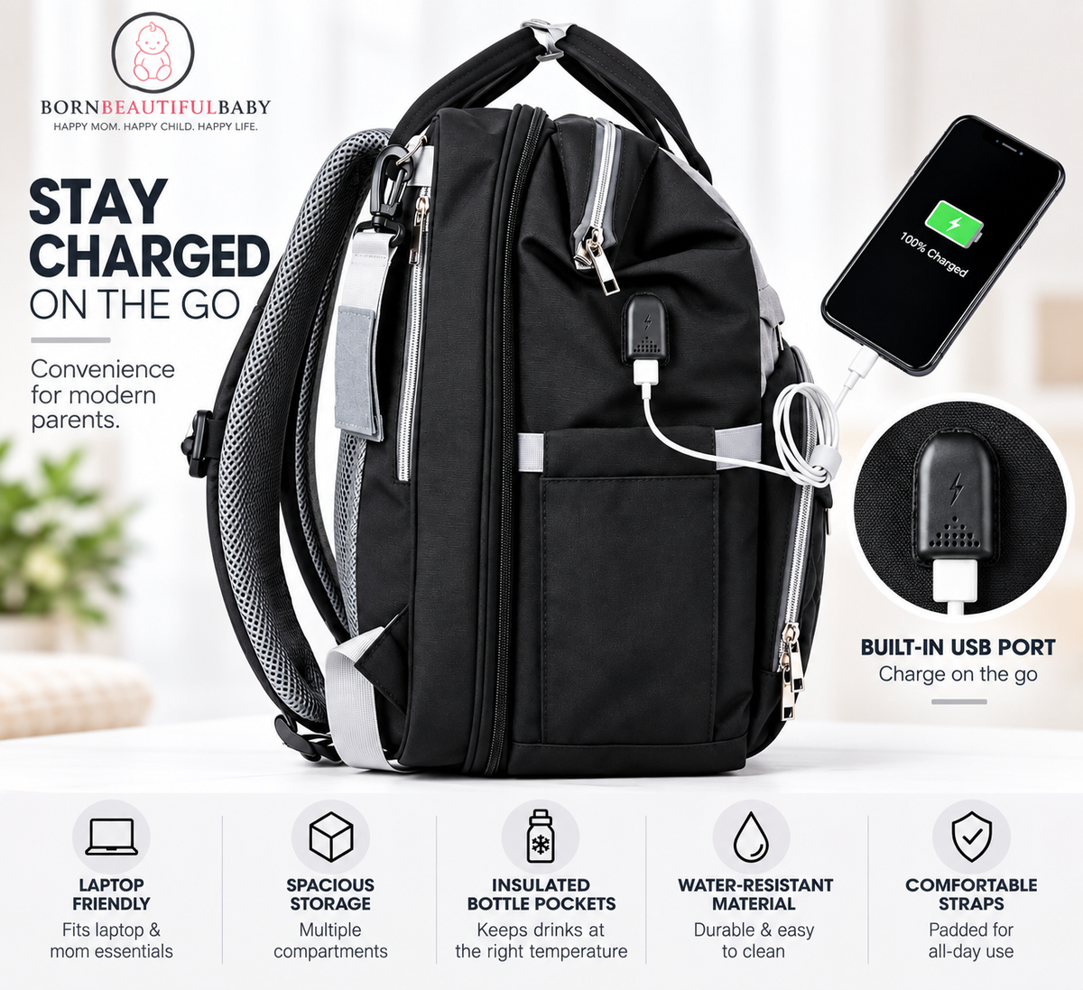 Black Diaper Bag Backpack, Large Travel Organizer for Mom and Baby