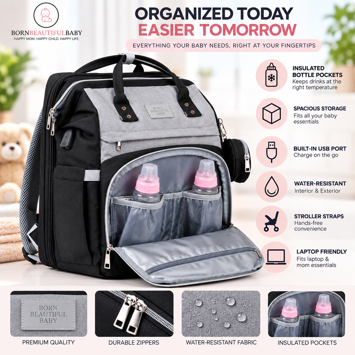 Black Diaper Bag Backpack, Large Travel Organizer for Mom and Baby