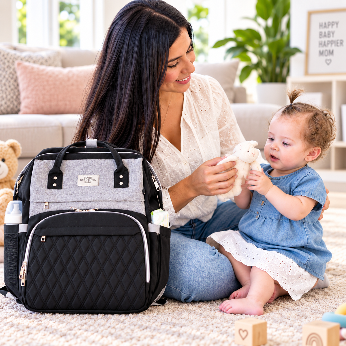 Black Diaper Bag Backpack, Large Travel Organizer for Mom and Baby