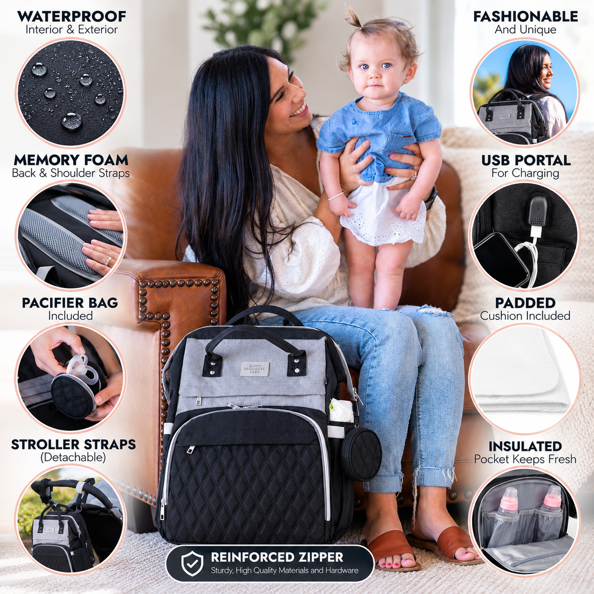 Black Diaper Bag Backpack, Large Travel Organizer for Mom and Baby