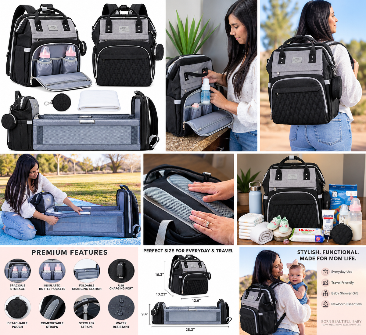 Black Diaper Bag Backpack, Large Travel Organizer for Mom and Baby