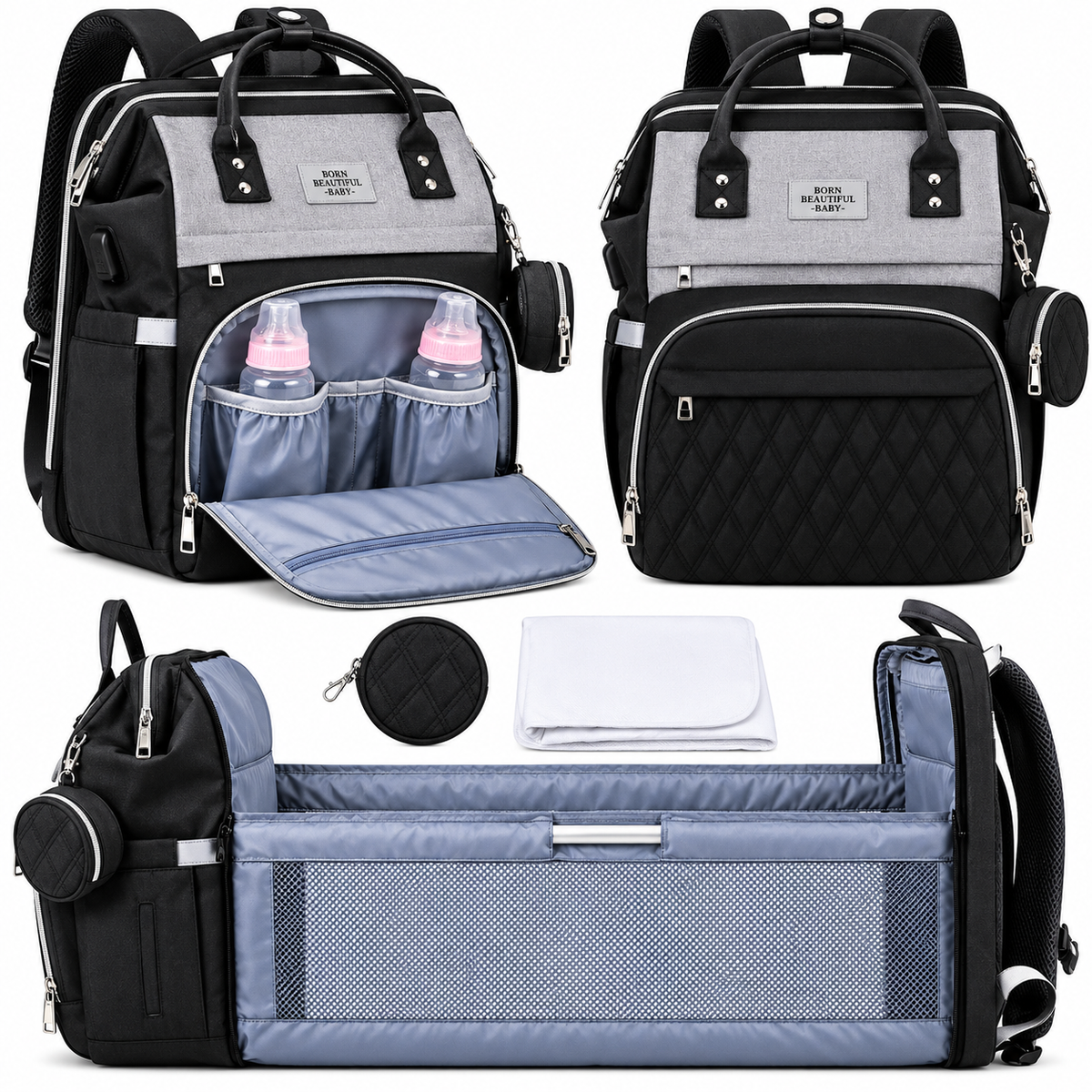 Black Diaper Bag Backpack, Large Travel Organizer for Mom and Baby