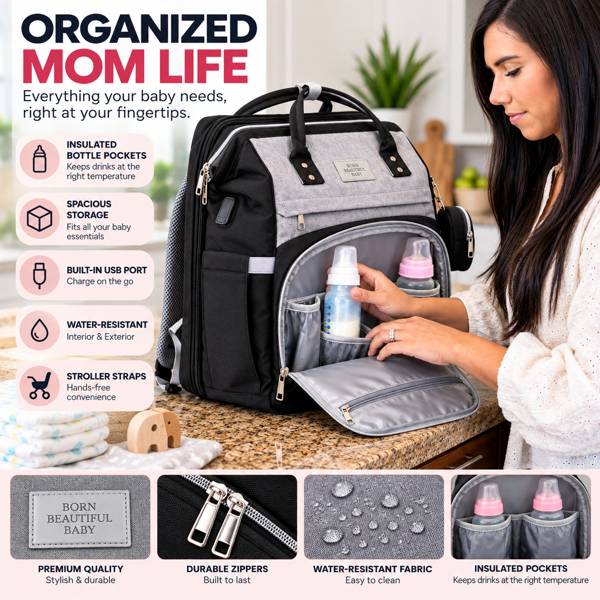 Black Diaper Bag Backpack, Large Travel Organizer for Mom and Baby