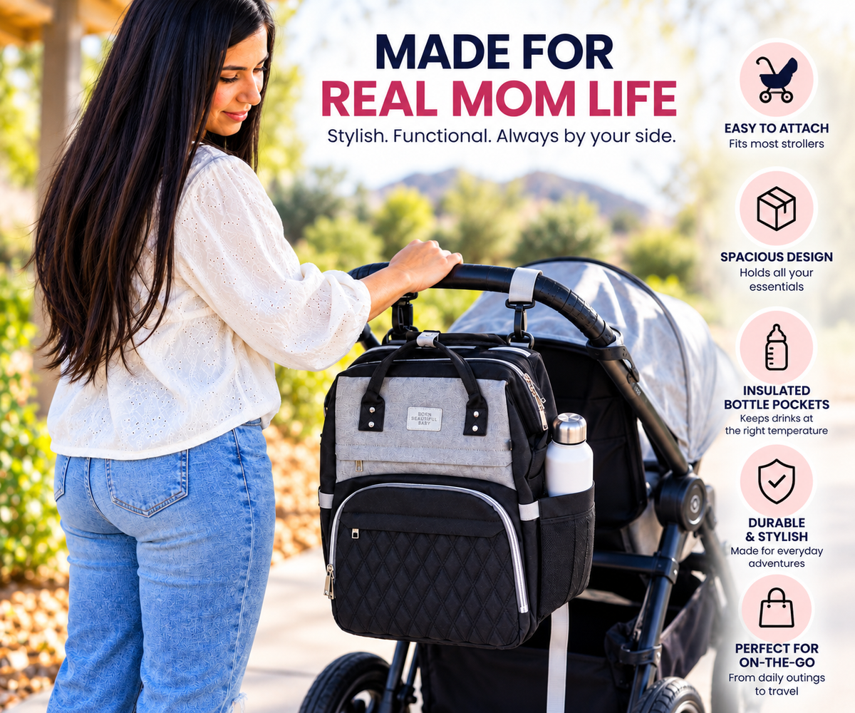Black Diaper Bag Backpack, Large Travel Organizer for Mom and Baby