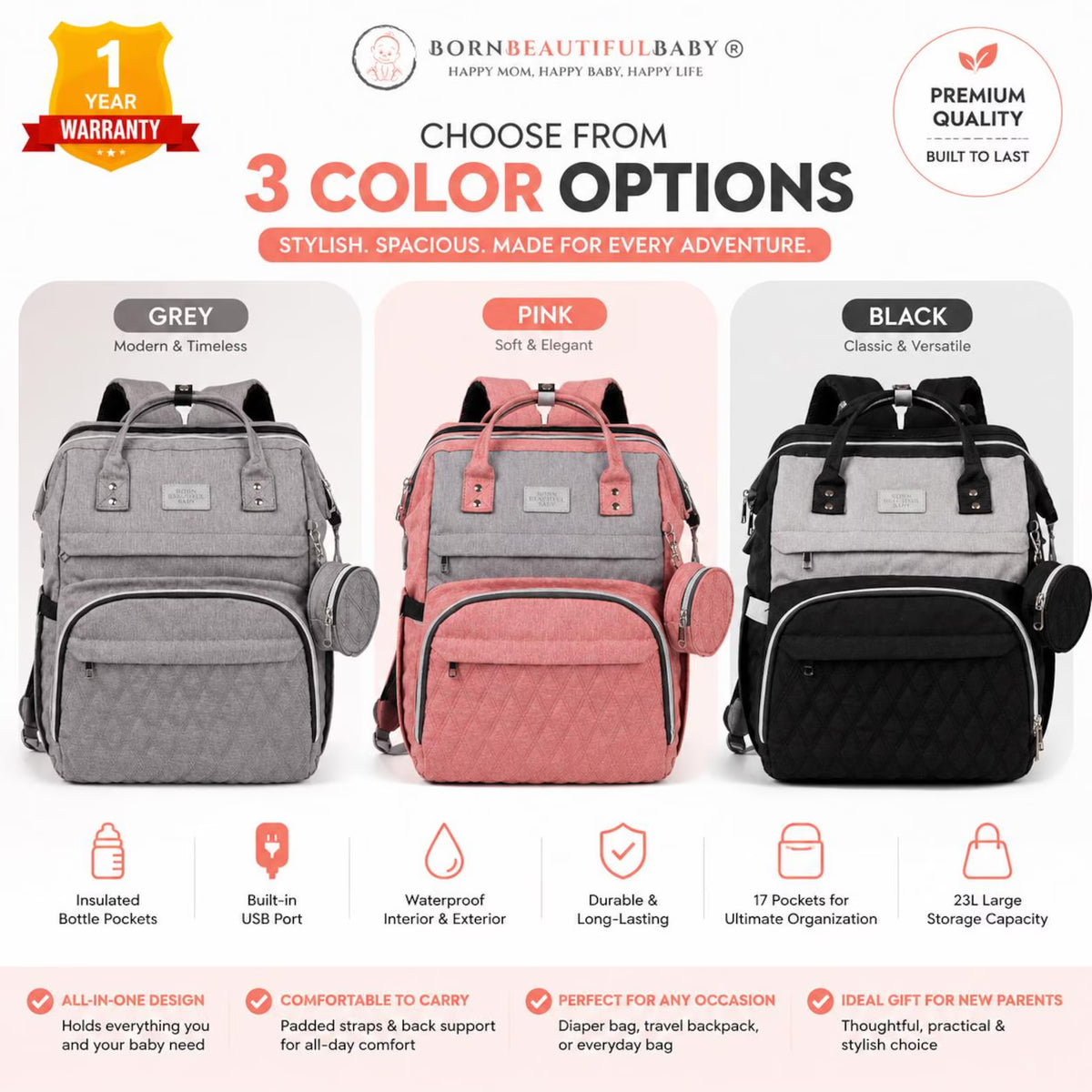 Grey Diaper Bag Backpack, Large Baby Travel Bag with Insulated Bottle Pockets