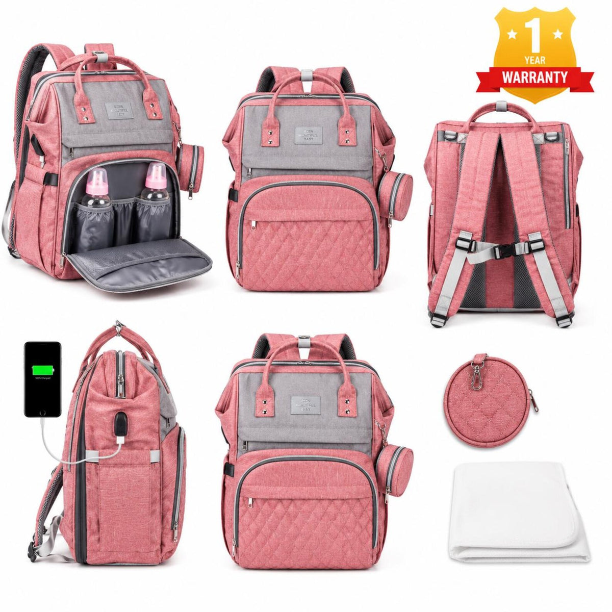Pink Diaper Bag Backpack, Large Travel Baby Organizer with Insulated Bottle Pockets